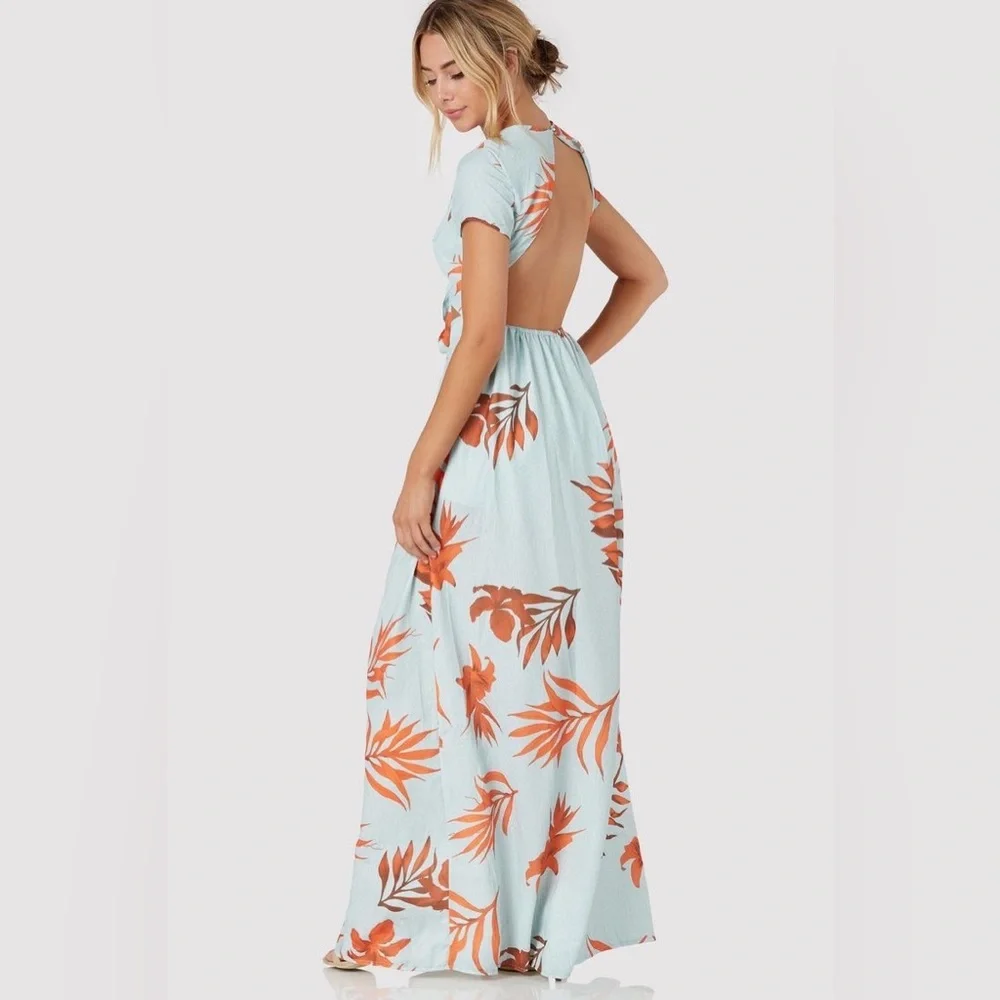 Latiste Mint Blue/Tropical Leaf Orange Island Hop Cut Out Maxi Dress. NWT Size S - Picture 12 of 13